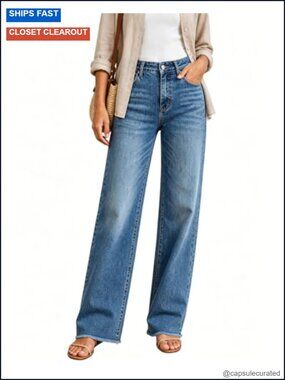 High Waisted Jeans Stretchy Straight Leg Loose Fit Tummy Control Raw Hem Denim